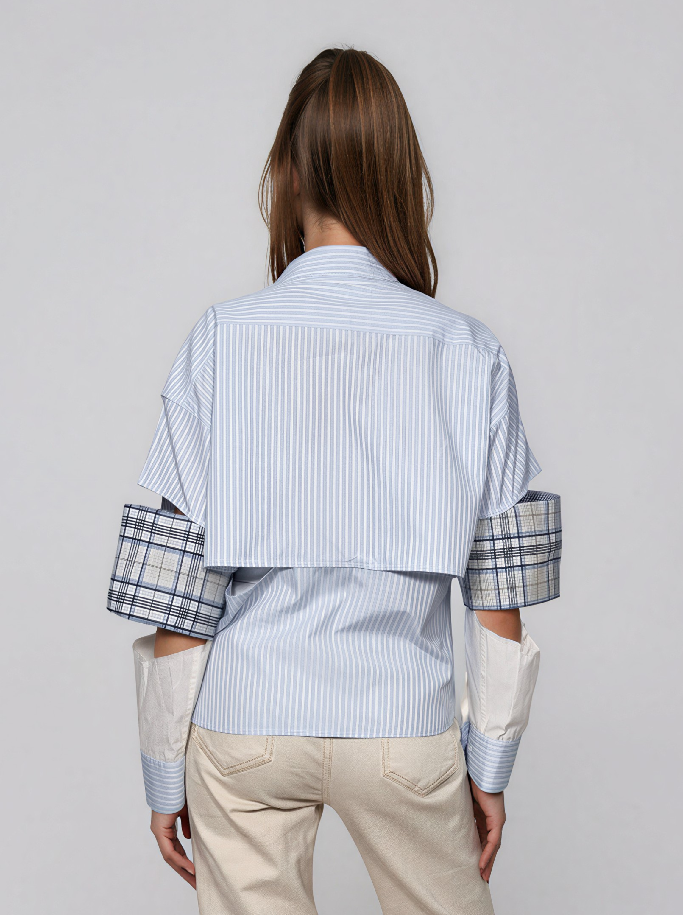 Cropped Striped Shirt with Plaid Cuffs - Balan Laura
