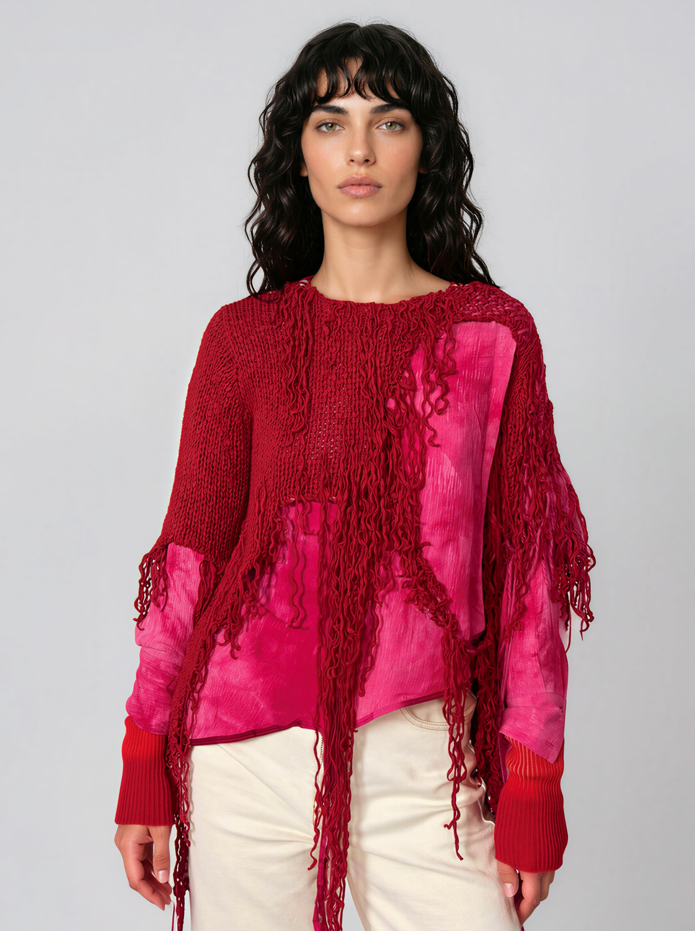 Fringed Knit Top with Tie Dye Panel - Cernescu Mihaela