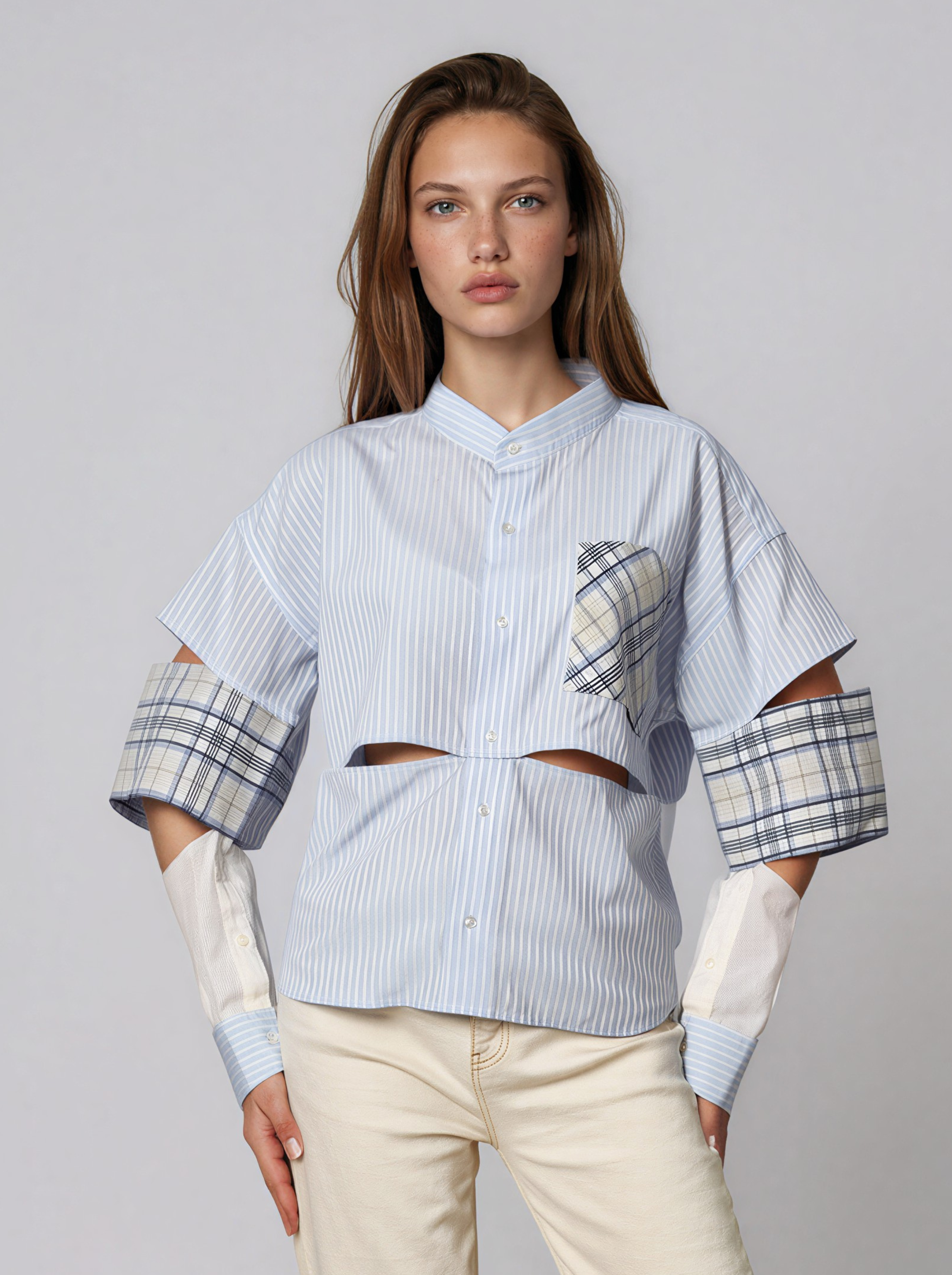 Cropped Striped Shirt with Plaid Cuffs - Balan Laura