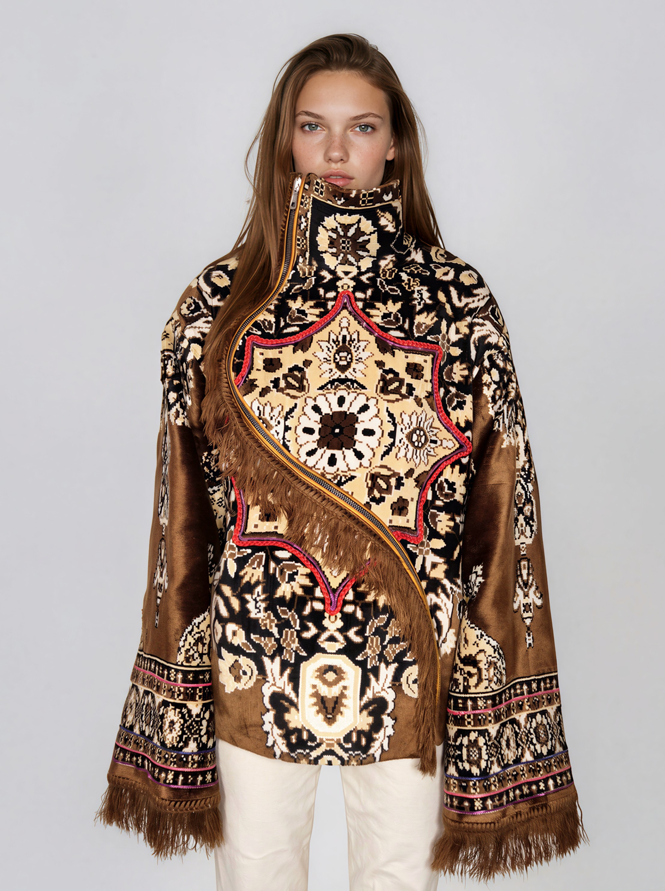 Tapestry Print Fringe Jacket - Rosu Mara