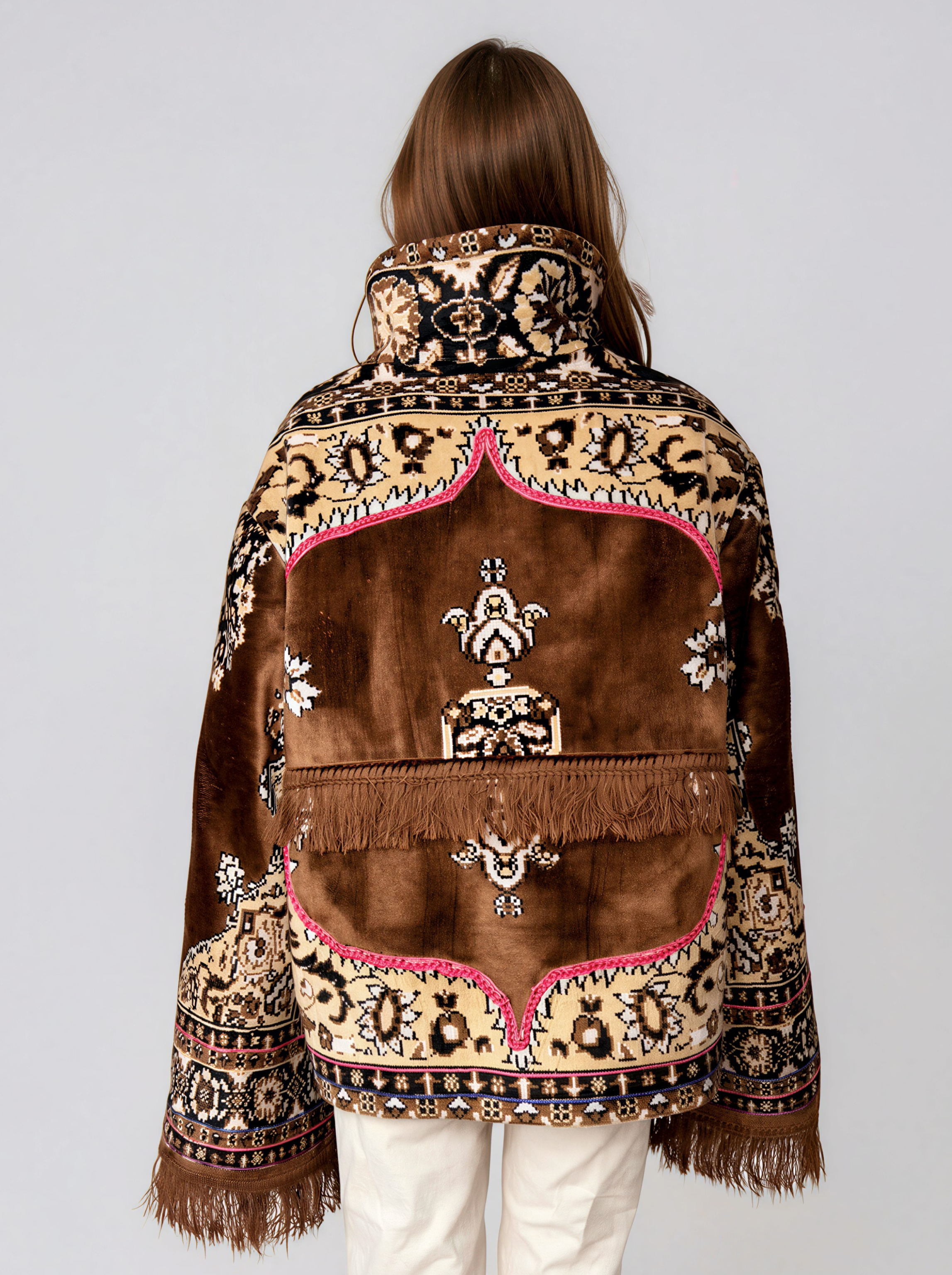 Tapestry Print Fringe Jacket - Rosu Mara