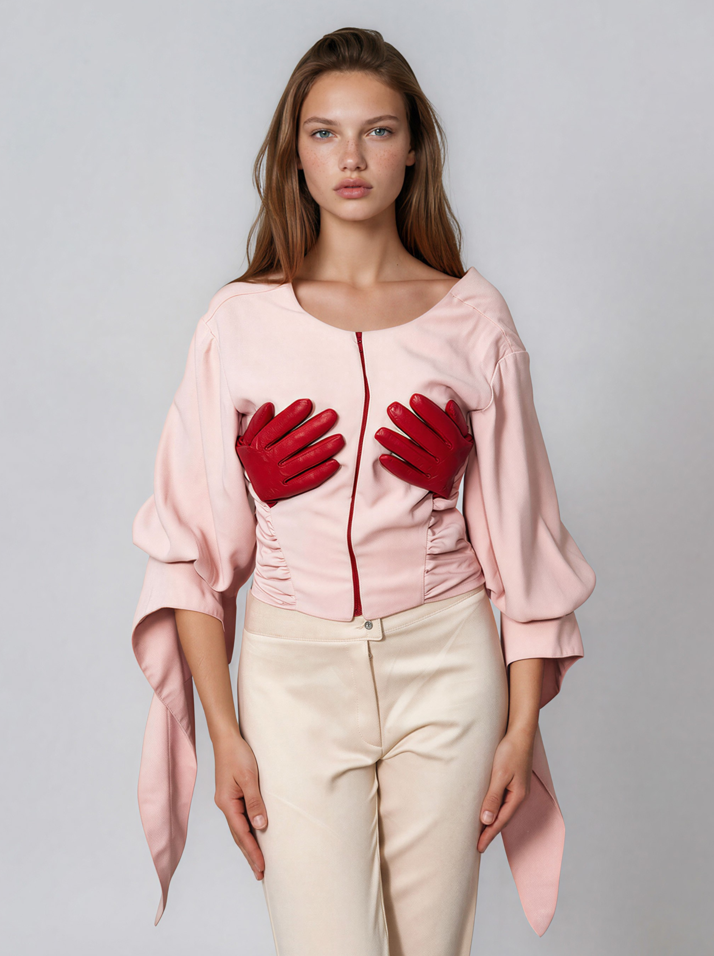 Ruched Zip Front Top with Tie Sleeves - Michal Panasiuk
